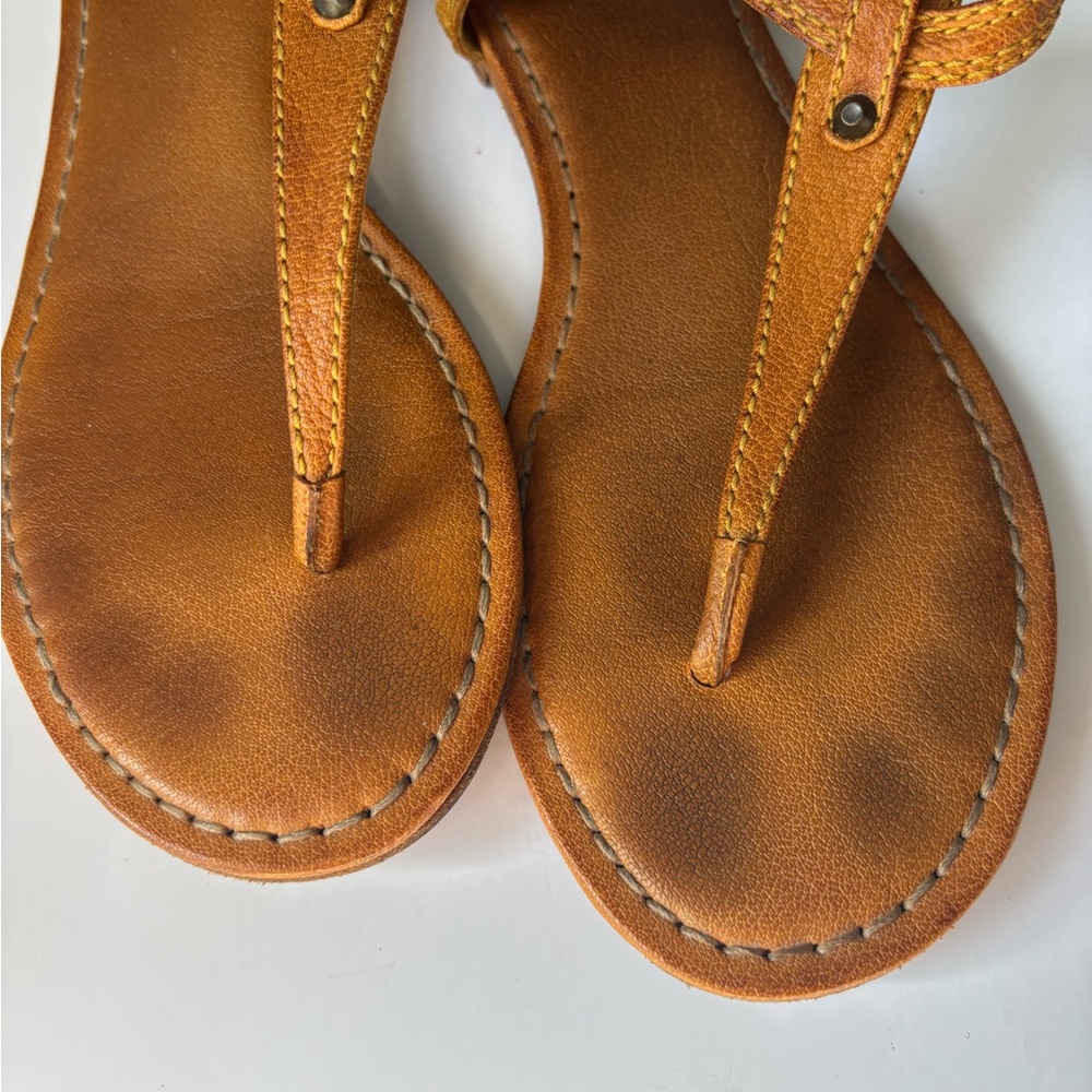 Frye Brown Leather Sandals Slim T- Strap Ankle Buckle Closure Size 8 - Picture 3 of 7